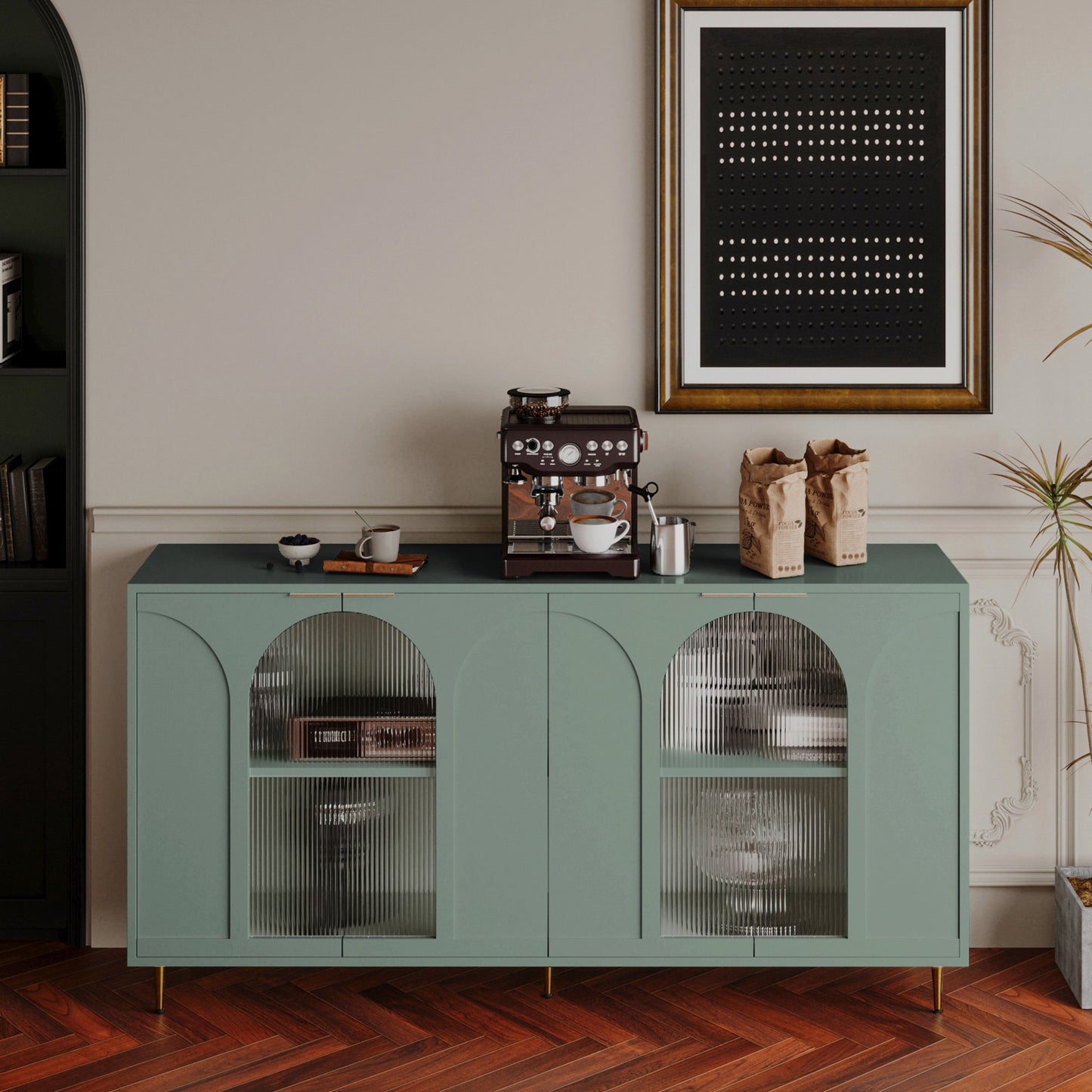 Accent Cabinet Lacquered Wooden Cabinet with 4 Glass Doors Sideboard Buffet Server Cabinet Storage Cabinet, for Living Room, Entryway, Hallway, Office, Kitchen and Dining Room, Mint Green