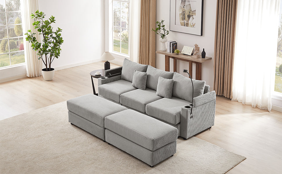 95.3" Modern Style 3-Seater Sofa Sectional Sofa Couch with Storage Space, Two Movable Ottomans, Two USB Ports, Two Cup Holders, A Phone Holder for Living Room, Grey