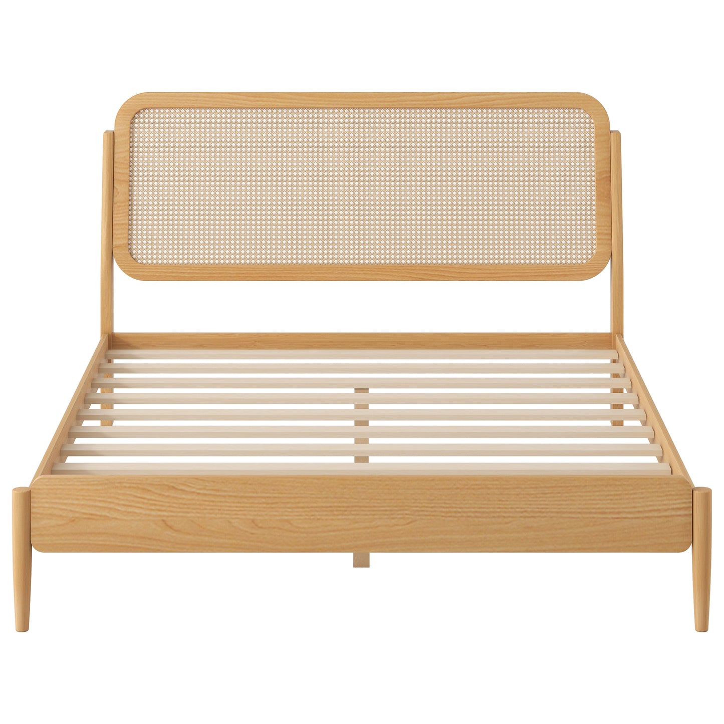 Queen Size Wood Storage Platform Bed with LED Light, Rattan Headboard, Nature