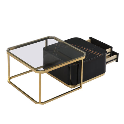 Modern 2 Pieces Black  Square Nesting  Coffee Table with Drawers & Electroplated gold legs in 27.6''