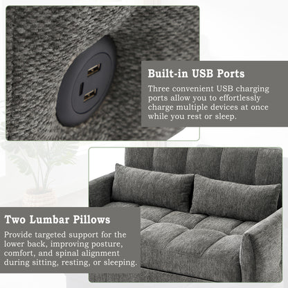 52.8" Loveseat Sofa Pull-out Sofa Bed Tufted Sleeper Sofa with an Adjustable Backrest, Three USB Ports and Two Lumbar Pillows for Living Room, Grey