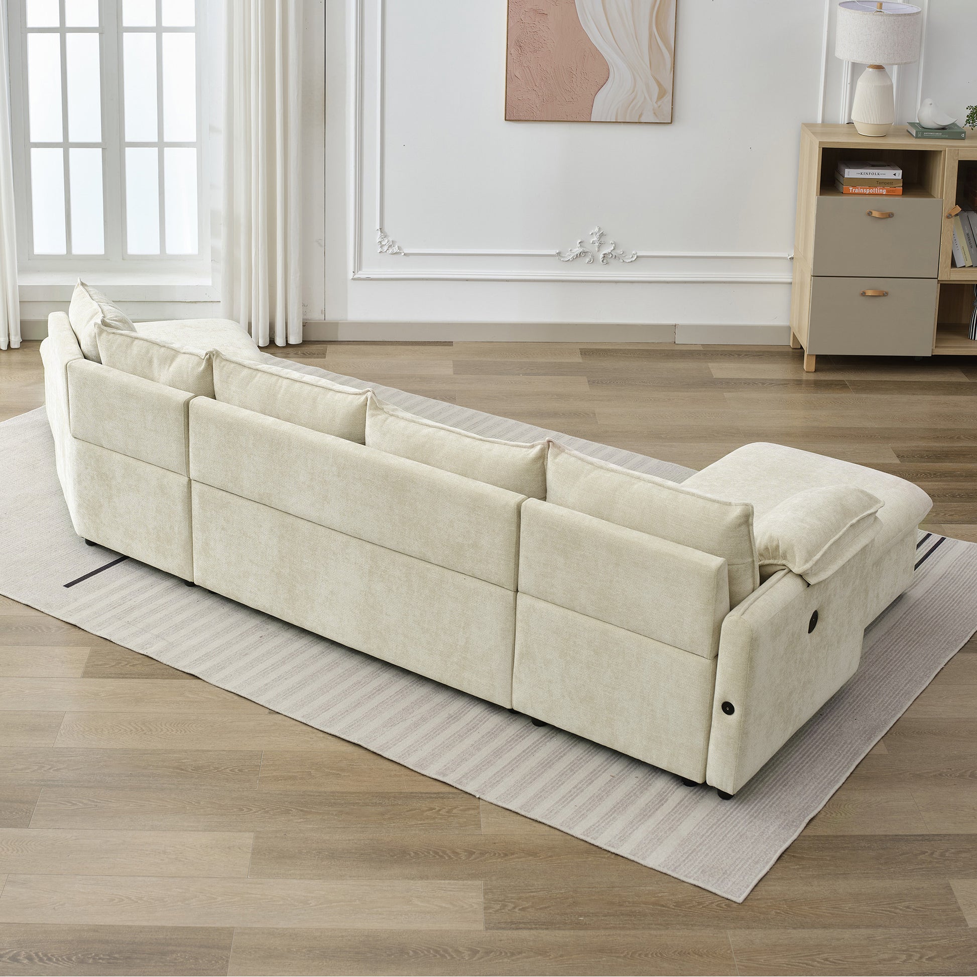 146.9" L-shaped Sofa Sectional Sofa Couch Pull-out Sofa Bed with a Movable Storage Ottoman, a Storage Chaise Lounge and Two USB Ports for Living Room, Beige