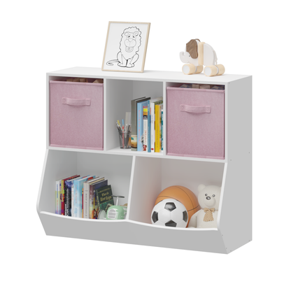 Kids Bookcase with Collapsible Fabric Drawers, Children's Toy Storage Cabinet for Playroom, Bedroom, Nursery, School, White/Pink