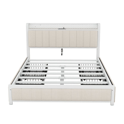 Queen Bed Frame with LED Headboard, Upholstered Bed with 4 Storage Drawers and USB Ports, Beige