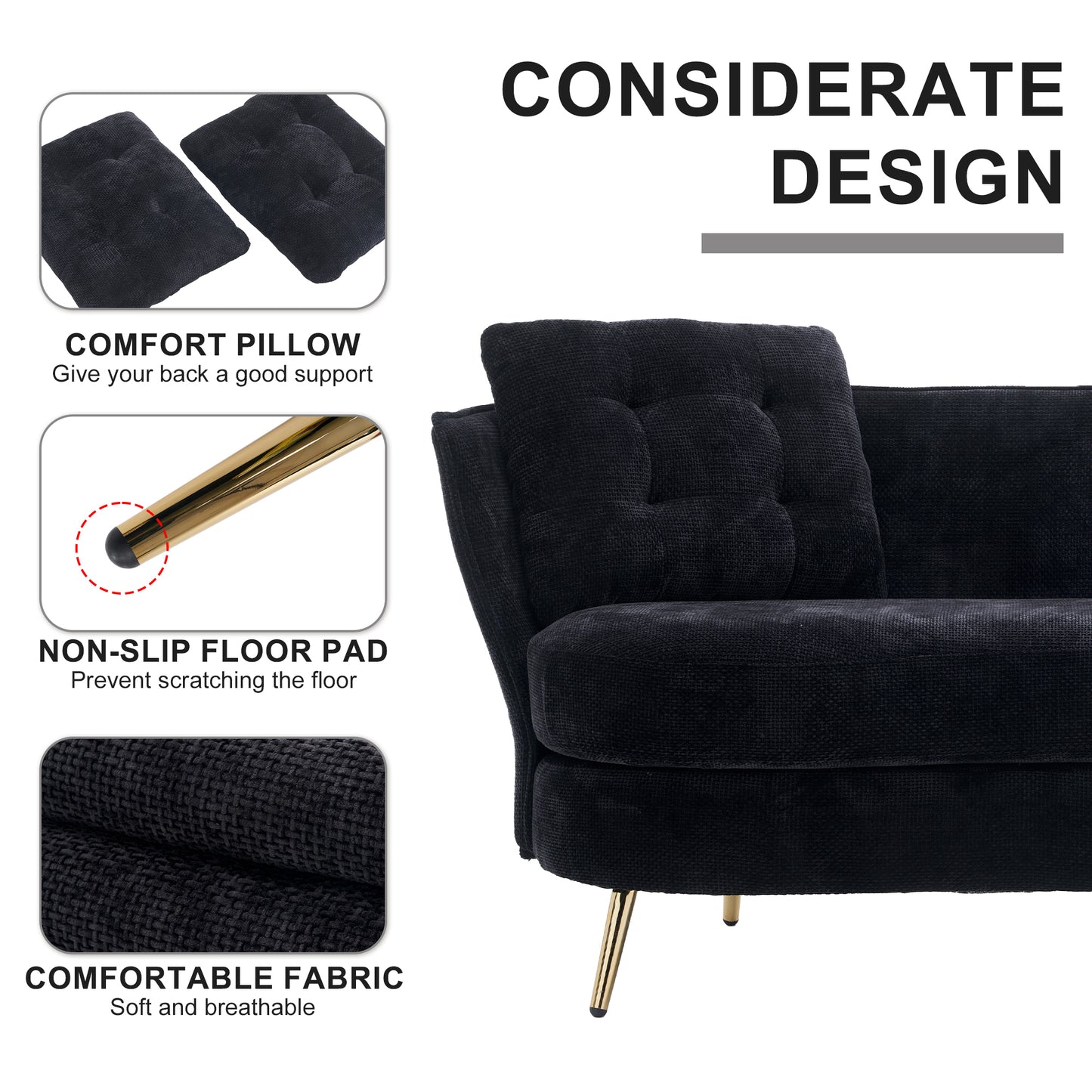 Polyester fiber Loveseat Sofa Chair Upholstered Couch with Golden Metal Legs Club Two-Seat Sofa for Living Reading Room Bedroom Apartment Small Space Dorm,Black.