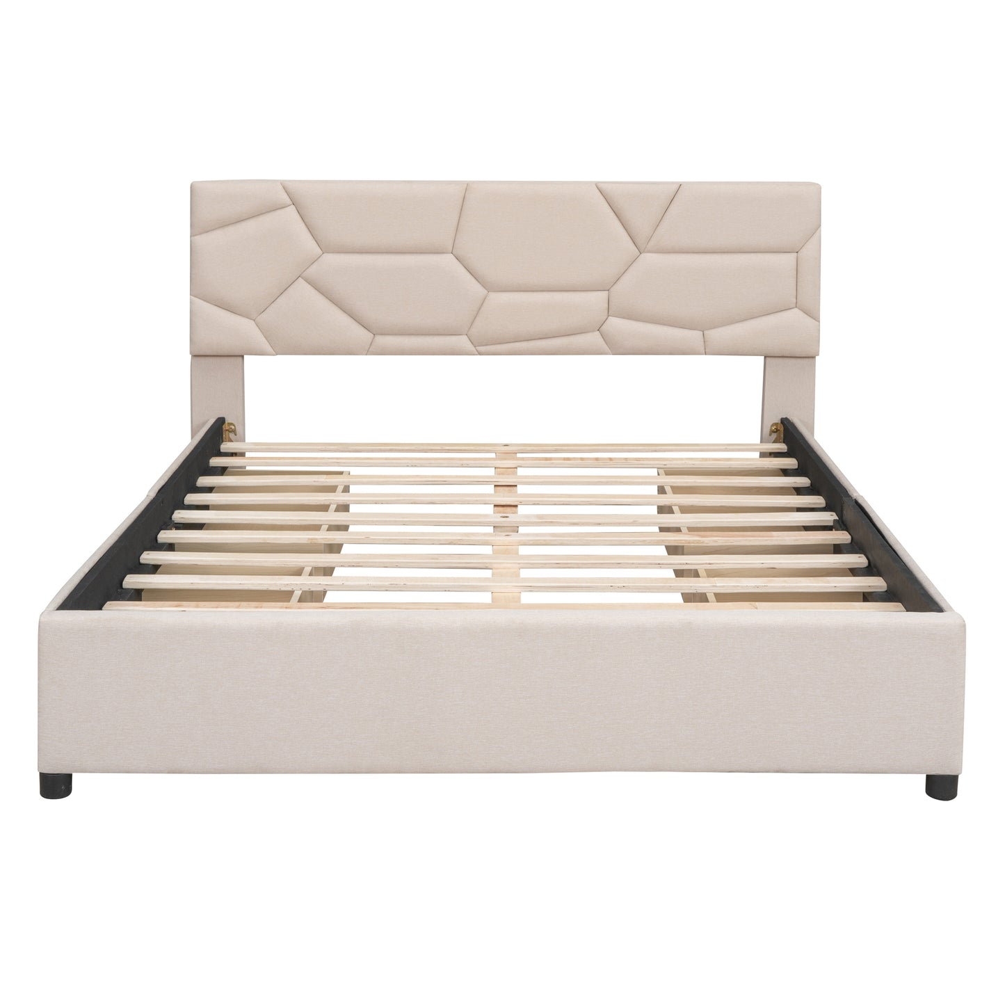 Queen Size Upholstered Platform Bed with Brick Pattern Headboard and 4 Drawers, Linen Fabric, Beige