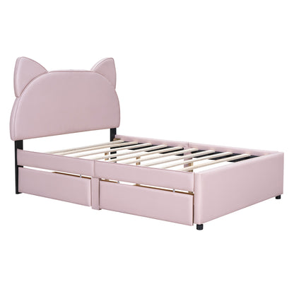 Full Size Upholstered Platform Bed with Cartoon Ears Shaped Headboard and 2 Drawers, Pink