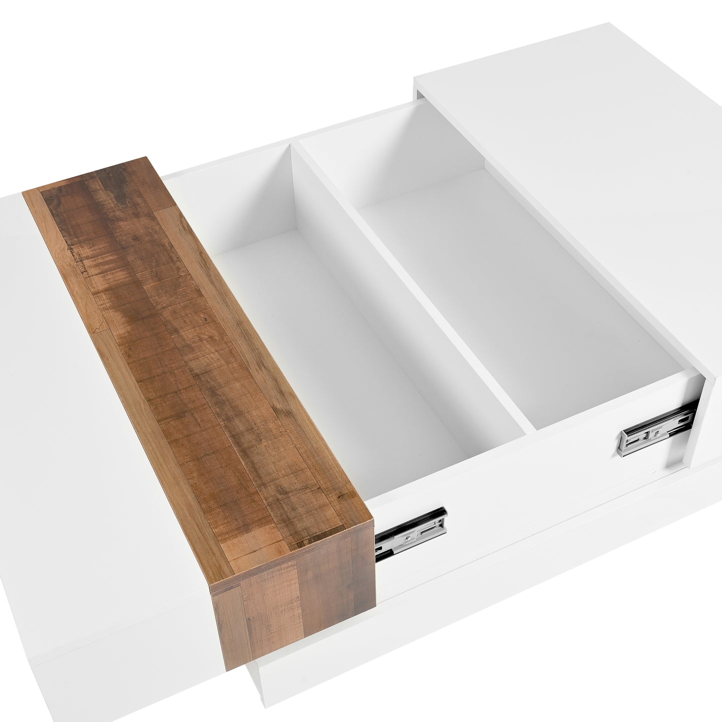 ON-TREND 31.4'' x 31.4'' Square Coffee Table with Sliding Tabletop, High Gloss Center Table with Hidden Storage Compartment, Extendable Cocktail Table with Walnut  Grain Finish for Living Room, White