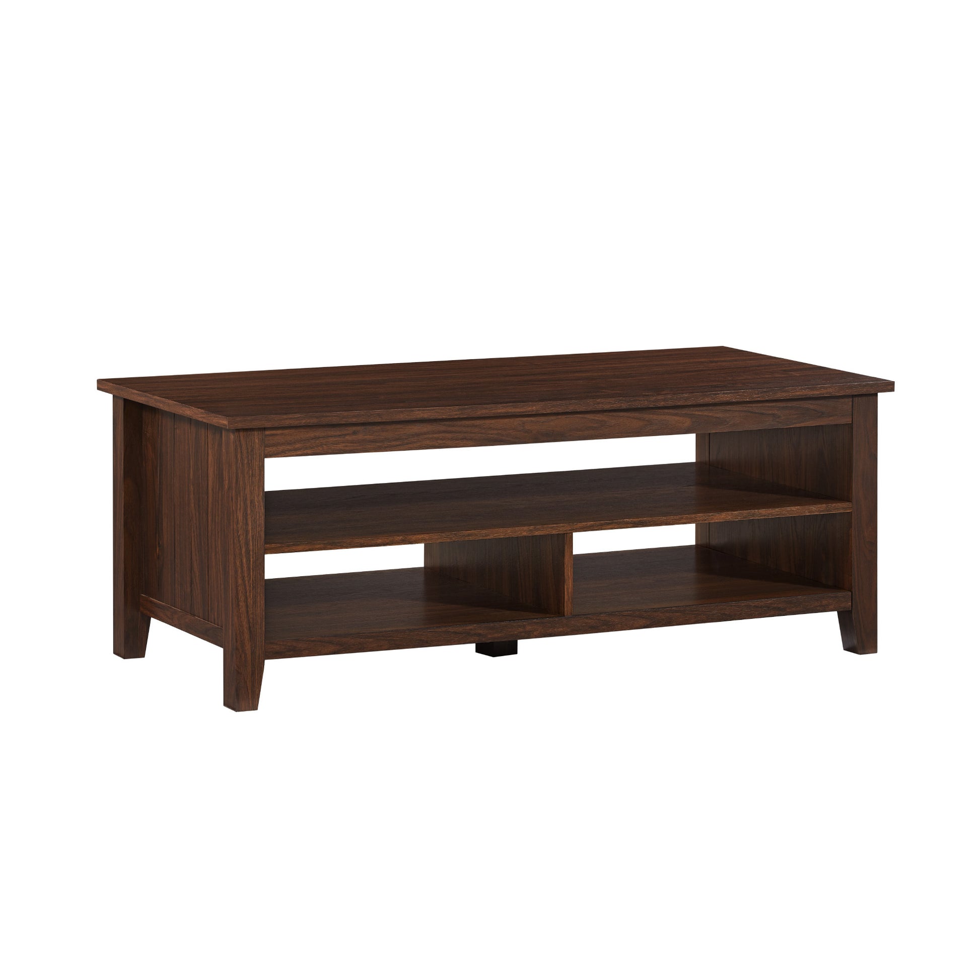 Coastal Grooved Panel Coffee Table with Lower Shelf – Dark Walnut