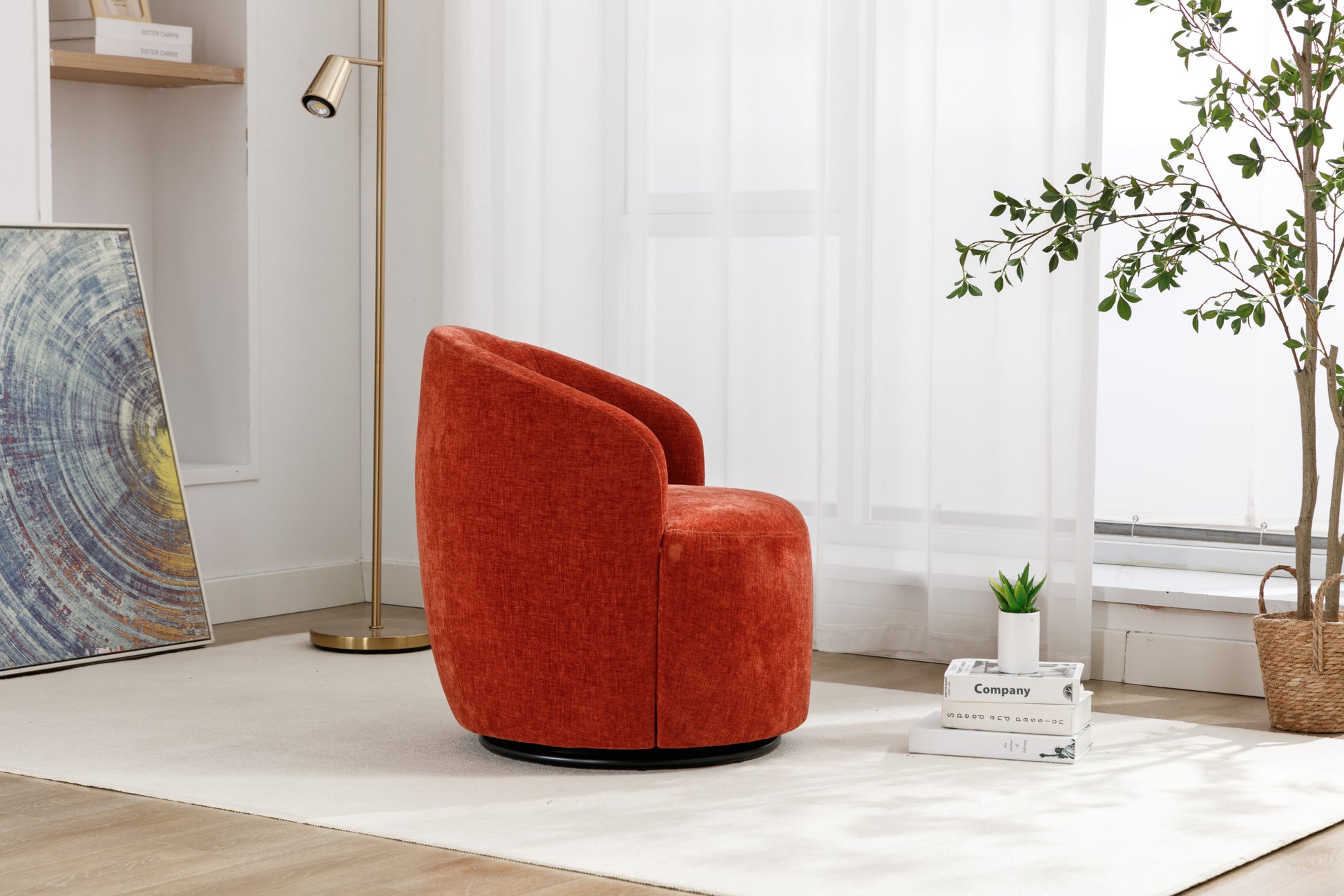 Chenille Fabric Swivel Accent Armchair Barrel Chair With Black Powder Coating Metal Ring,Orange