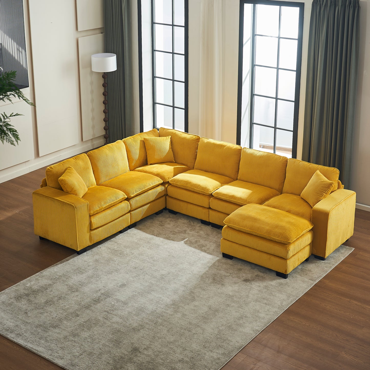 Modern U Shaped 6-seat Sectional Sofa Couch with one Ottoman and three toss pillows ,Modular Sofa for Living Room,Corduroy sofa