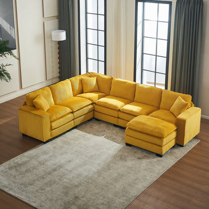 Modern U Shaped 6-seat Sectional Sofa Couch with one Ottoman and three toss pillows ,Modular Sofa for Living Room,Corduroy sofa