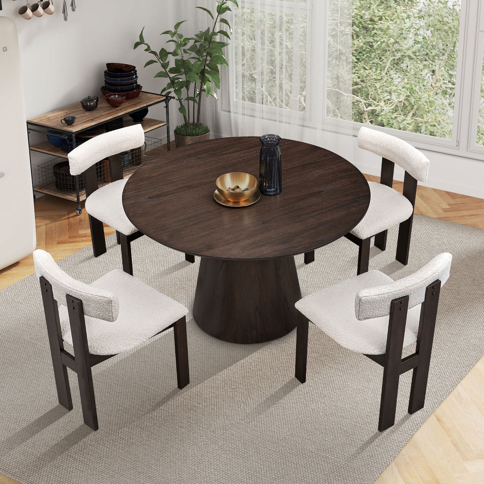 (1 Table with 4 Chairs)Wooden Dining Table Set, Modern Round MDF Kitchen Table and Boucle Upholstered Dining Chairs for Dining Room, Kitchen, Saving Space, Brown