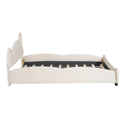 Queen Size Velvet Platform Bed with Bear-Shaped Headboard, with Drawers, with Bed-End Storage Pocket, Beige