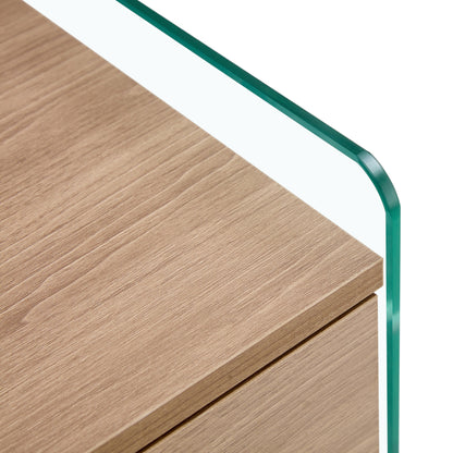 Bedside table with drawers. The board surface is MDF sticker, and both sides are transparent tempered glass. The design is simple and elegant, with excellent storage functions.