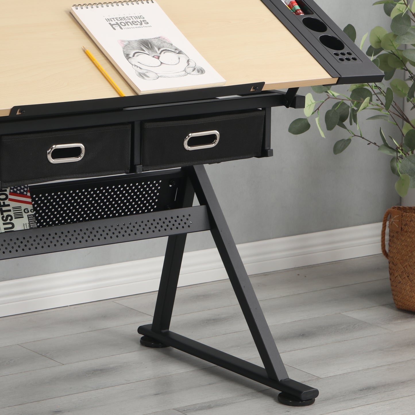 adjustable drawing drafting table desk with 2 drawers for home office and school with stool(wood)