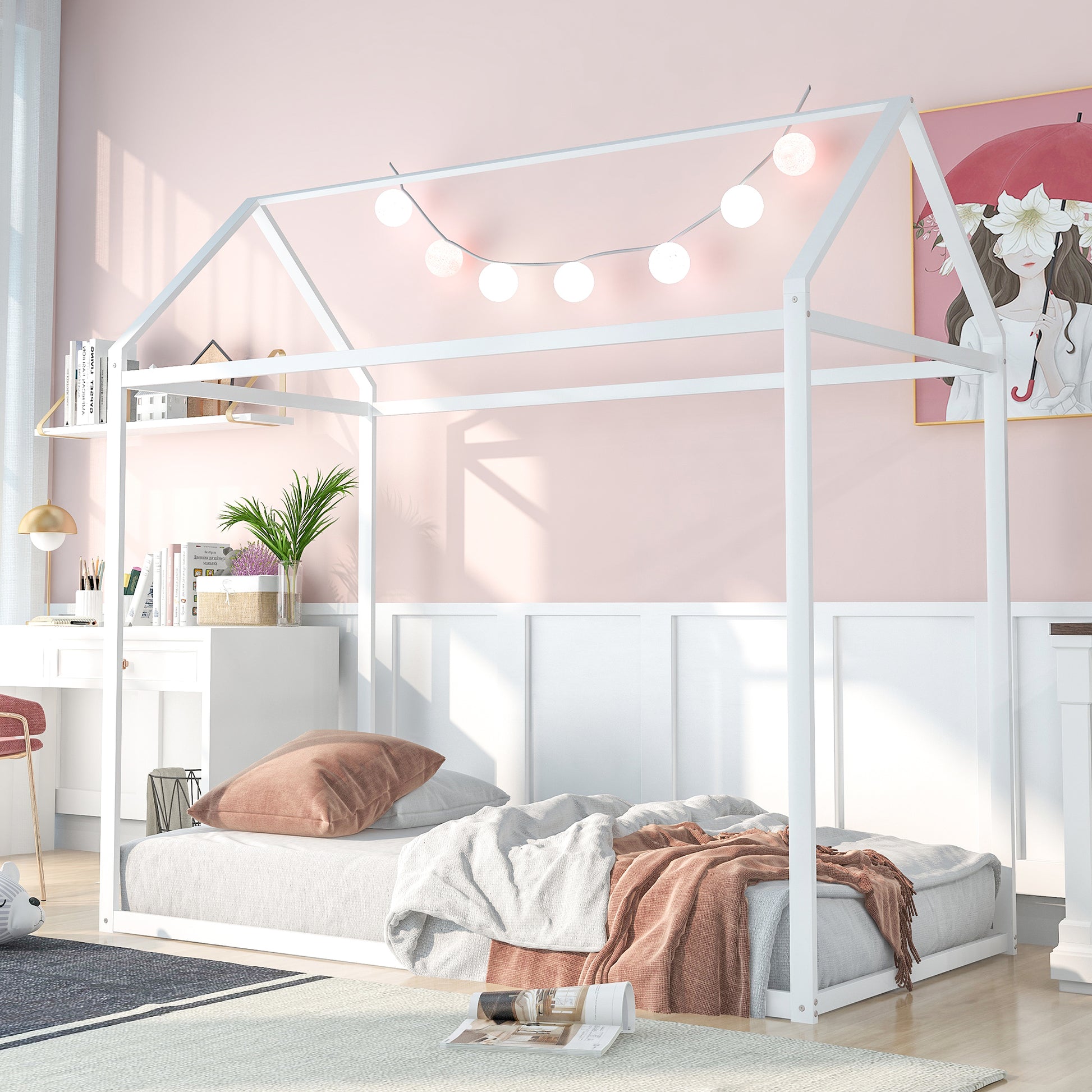 House Bed Frame Twin Size , Kids Bed Frame Metal  Platform Bed  Floor Bed for Kids Boys Girls No Box Spring Needed White