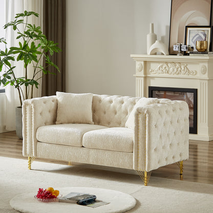 Chenille Pull Buckle Design Sofa for Living Room,Buttons Tufted With Copper Nail Decoration Armrest, Modern Couch Upholstered Button And Metal Legs