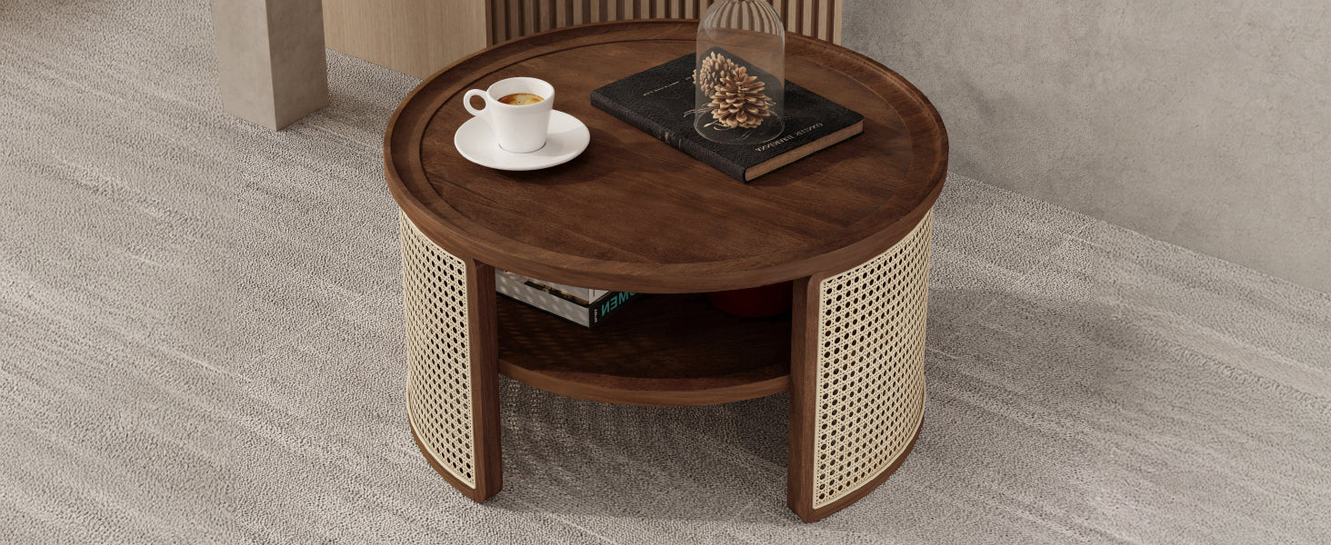 2-Tiered Round Walnut Wood Coffee Table with Storage Rattan Base in 31.3''