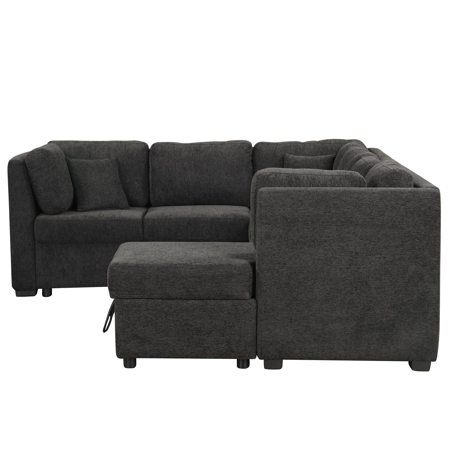 108.6" U-shaped Sectional Sofa Pull out Sofa Bed with Two USB Ports, Two Power Sockets, Three Back Pillows and a Storage Chaise for Living Room, Black