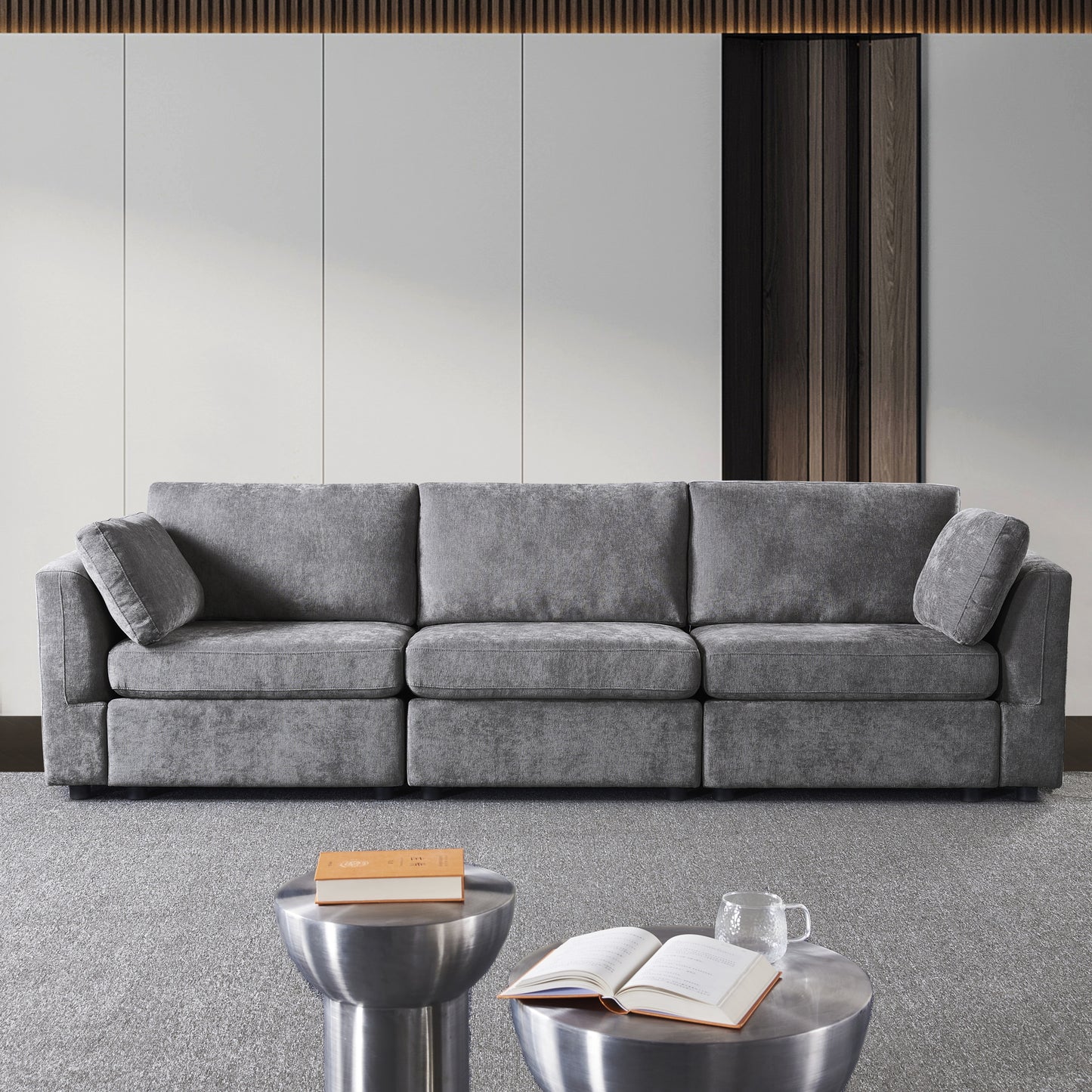 modular sofa grey chenille fabric,  simple and grand, the seat and back is very soft. this is also a KNOCK DOWN sofa