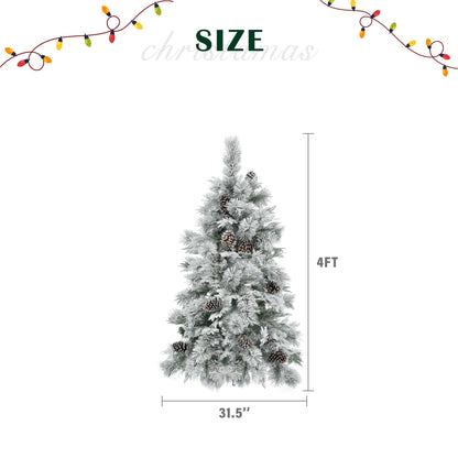 4FT Pre-Lit Spruce Snow Flocked Christmas Tree with Pine Cones, Artificial Xmas Tree with 170 Branch Tips,Mixed PE & PVC Branches, 120 Multi-Color LED Lights, 11 Flashing Modes, Holiday  Décor