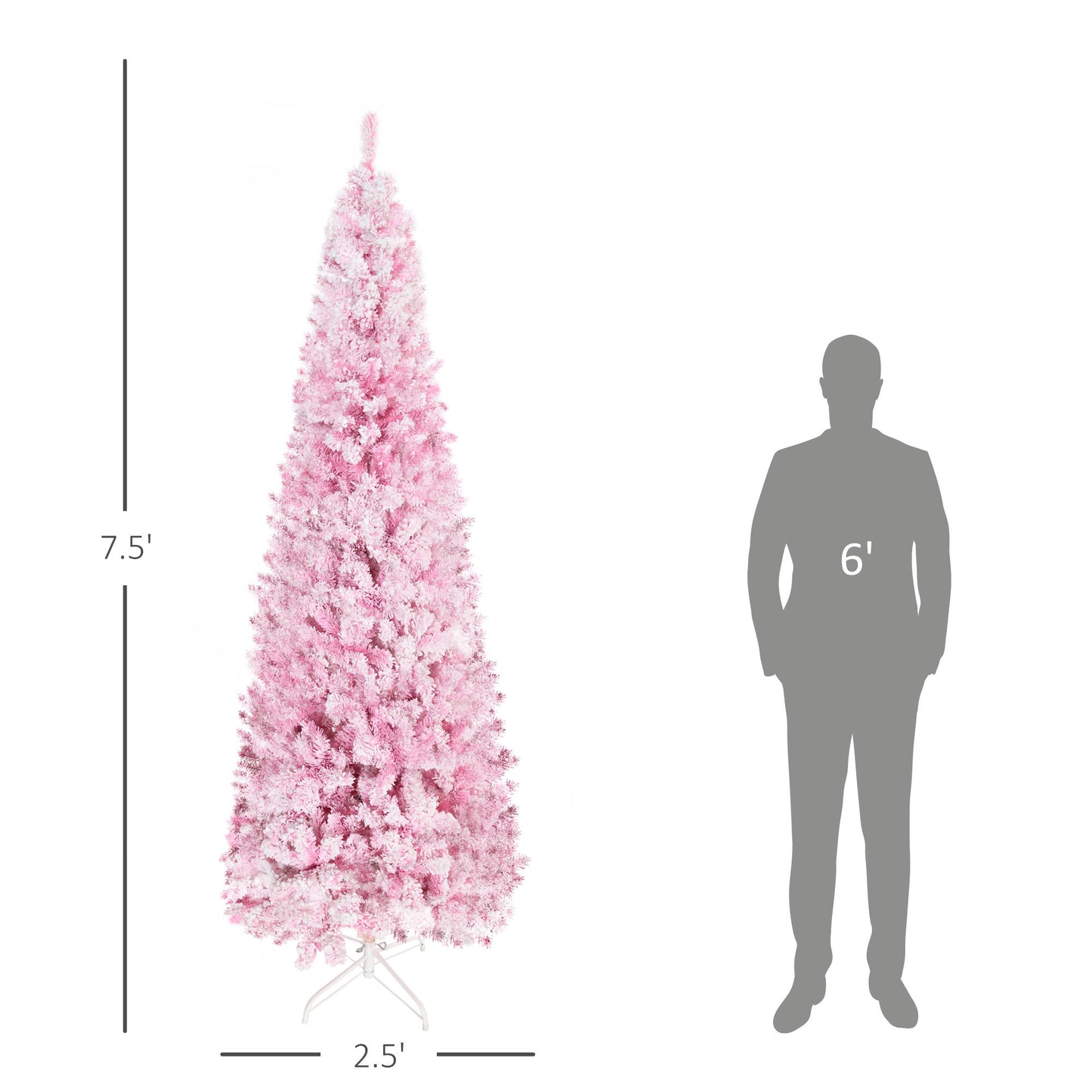 HOMCOM 7.5' Tall Unlit Snow Flocked Artificial Christmas Tree Slim Pencil Xmas Tree with Pine Shape and Realistic Branches, Pink