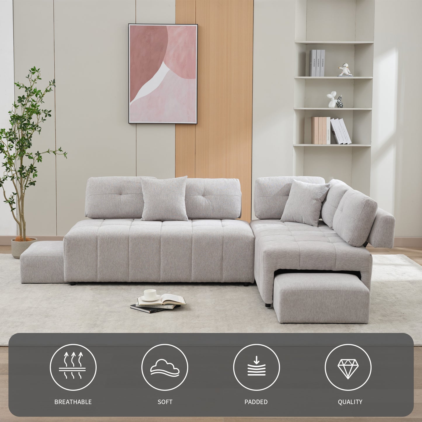 91.73" L-shaped Sofa Sectional Sofa Couch with 2 Stools and 2 Lumbar Pillows for Living Room, Light Grey