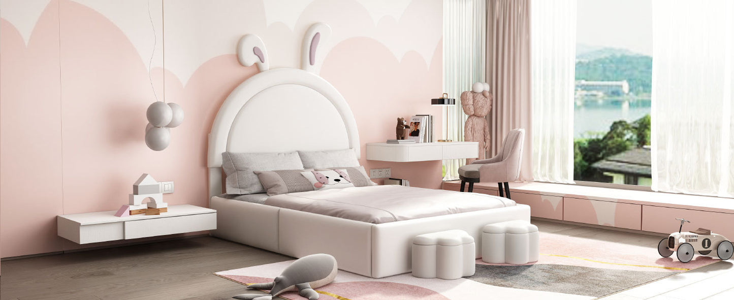 Full size Upholstered Rabbit-Shape Bed with 2 Storage Stools, Velvet Platform Bed with Cartoon Ears Shaped Headboard, White