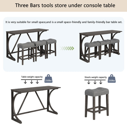 4-Piece Bar Table Set with Power Outlet, Dining Bar Table and Chairs Set,Bar Table Set with 3 Padded Stools for Living Room, Dining Room, Game Room, Dark Gray