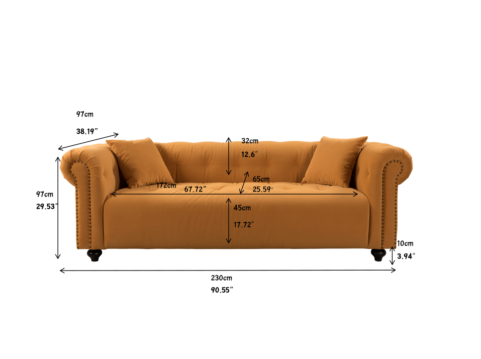 WKS12 Retro medieval style sofa, orange, full installation only needs to install feet can be used, with 2 throw pillows