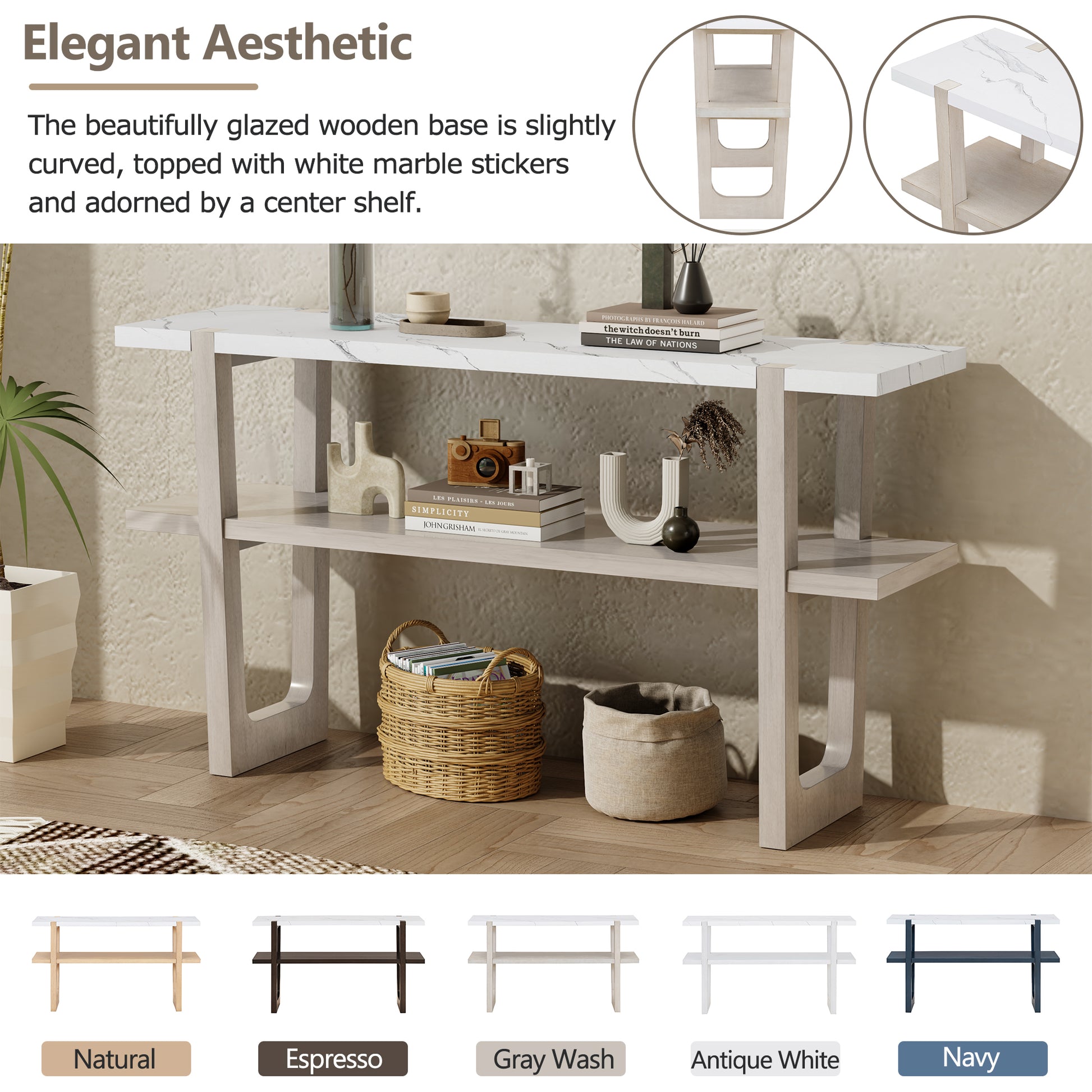 TREXM Retro Elegant Console Table with Marble-Effect Top and Versatile Storage Solutions for Entryway and Living Room (Gray Wash)