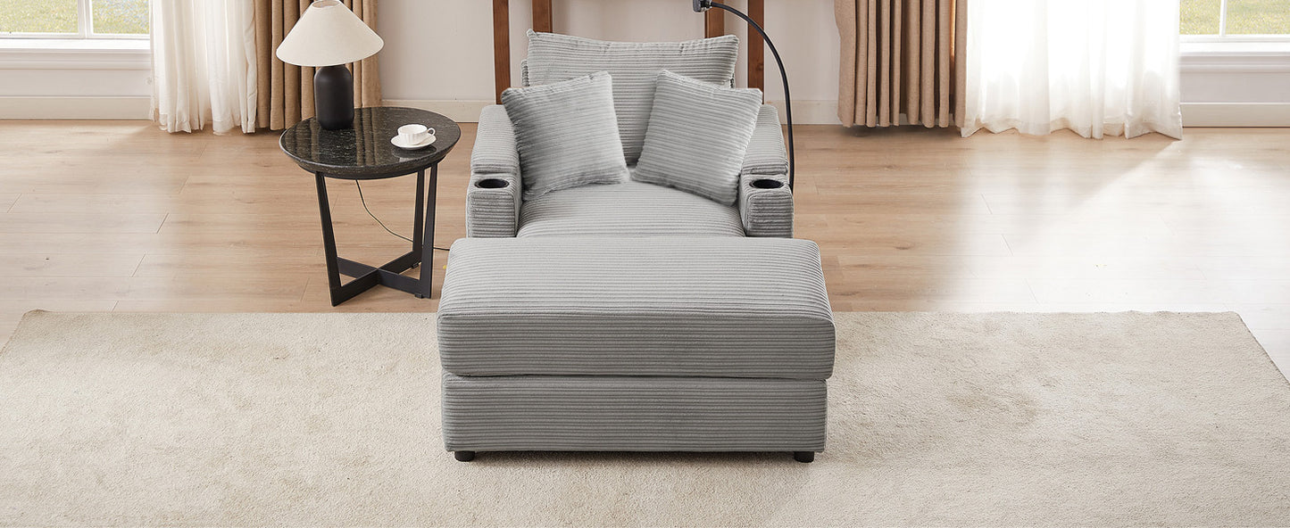 41.7" Modern Style Single Sofa Sofa Couch with Storage Space, A Movable Ottoman, Two USB Ports, Two Cup Holders, A Phone Holder for Living Room, Grey