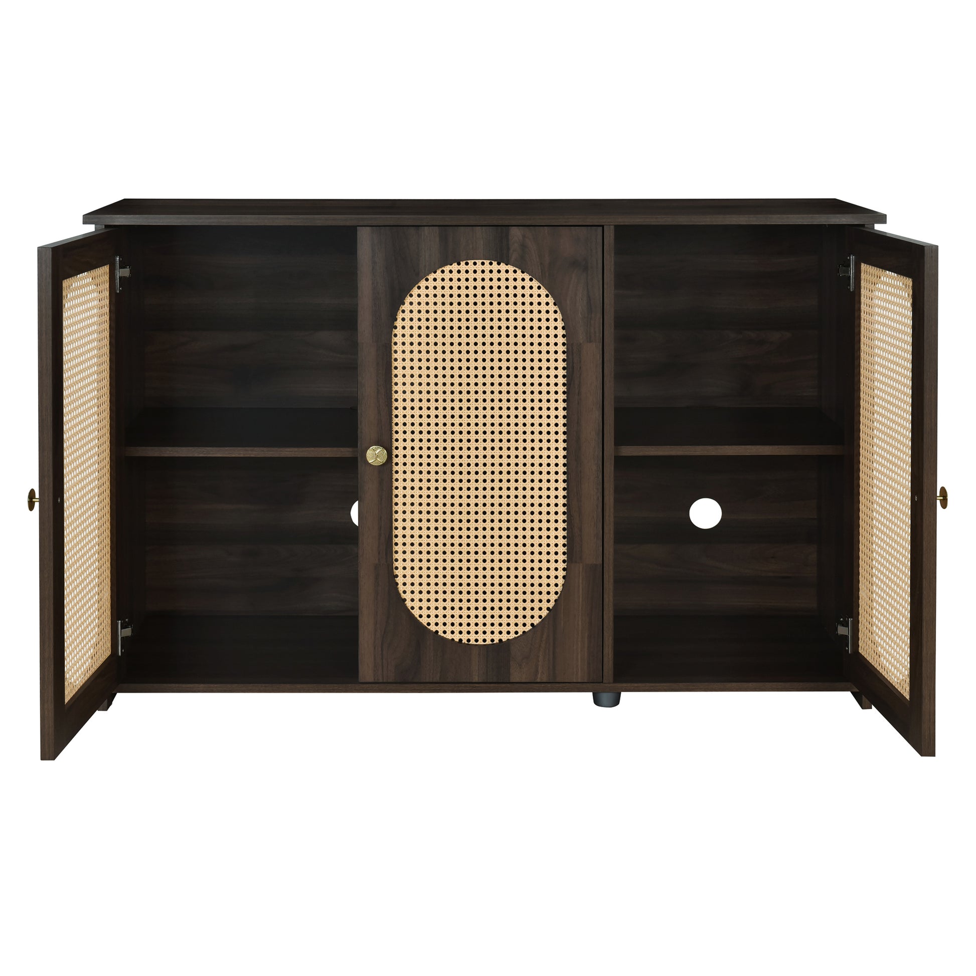 TREXM Retro 3-Door Sideboard with Large Storage Space Artificial Rattan Doors and Metal Handles, Accent Cabinet for Living Room and Hallway (Brown)