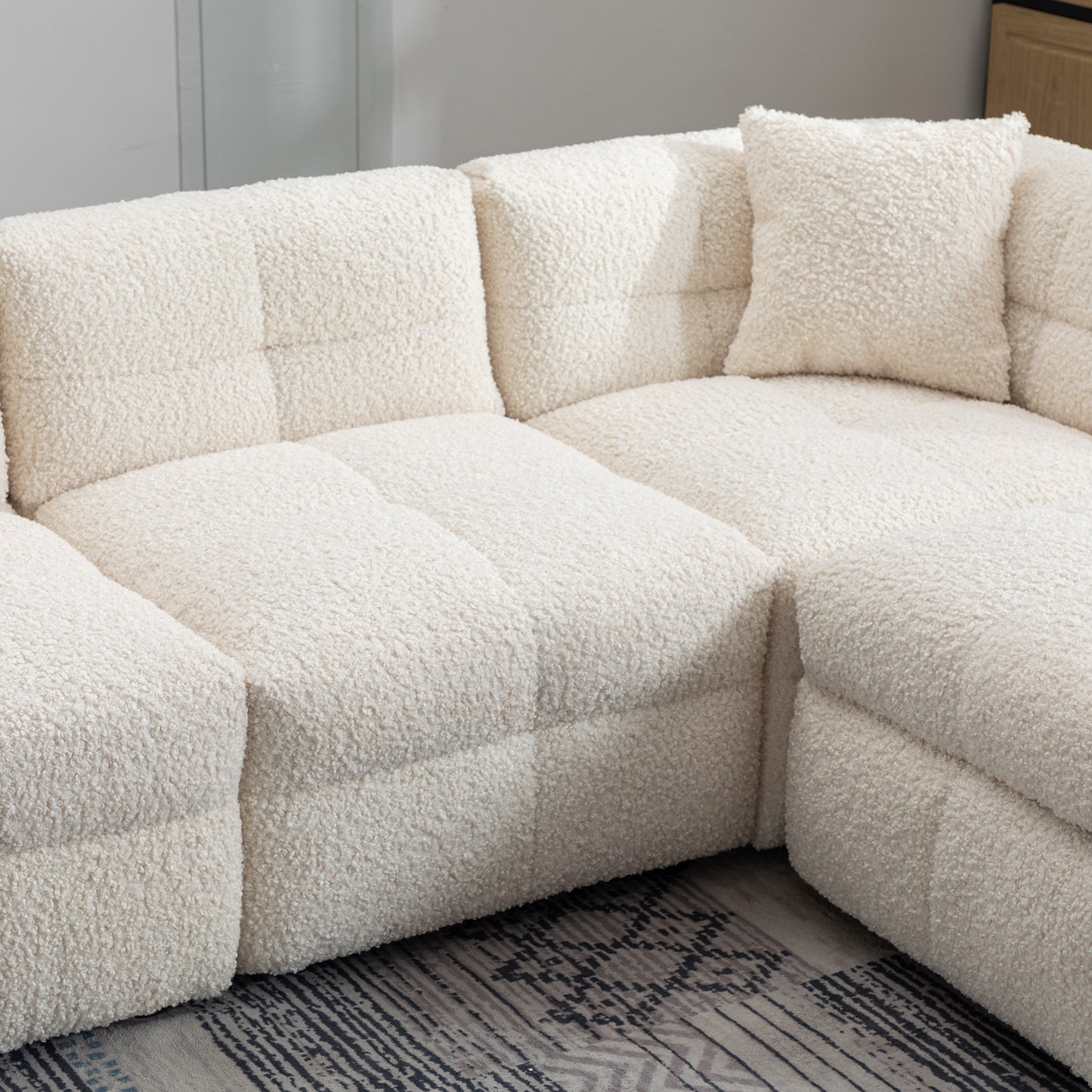 87.7" Sectional Sofa Cozy Teddy Fleece Fabric Sectional Sofa Couch with Two USB Ports a Movable Storage Ottoman and Two Lumbar Pillows for Living Room, Creamy White