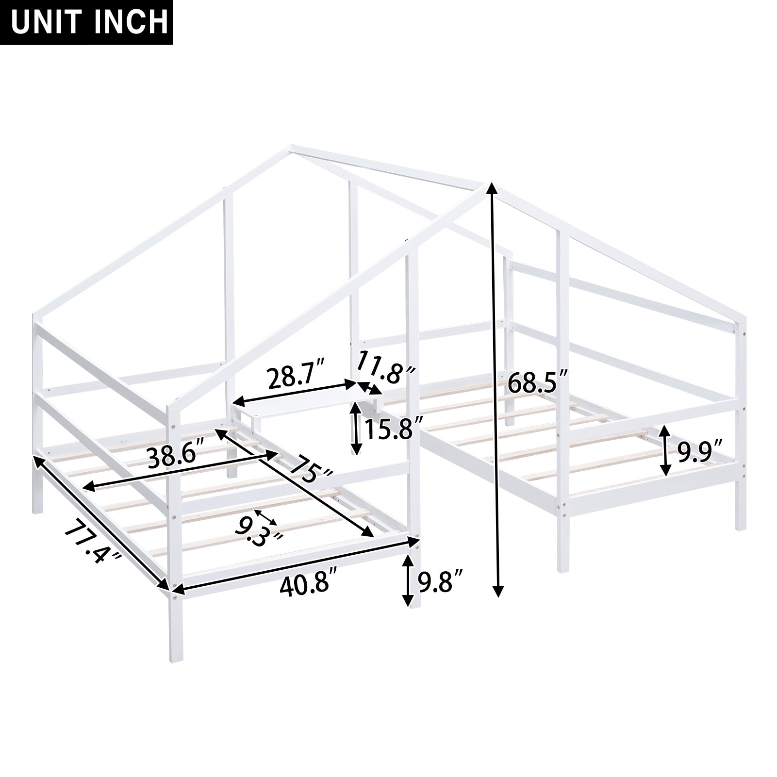 Double Twin Size Triangular House Beds with Built-in Table,White(Old SKU:WF286895AAK)