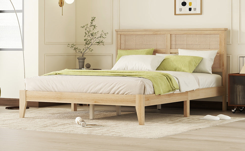 Queen Size Rubber Wooden, Solid Wooden Bed with Rattan Headboard, Enhanced by Support Feet