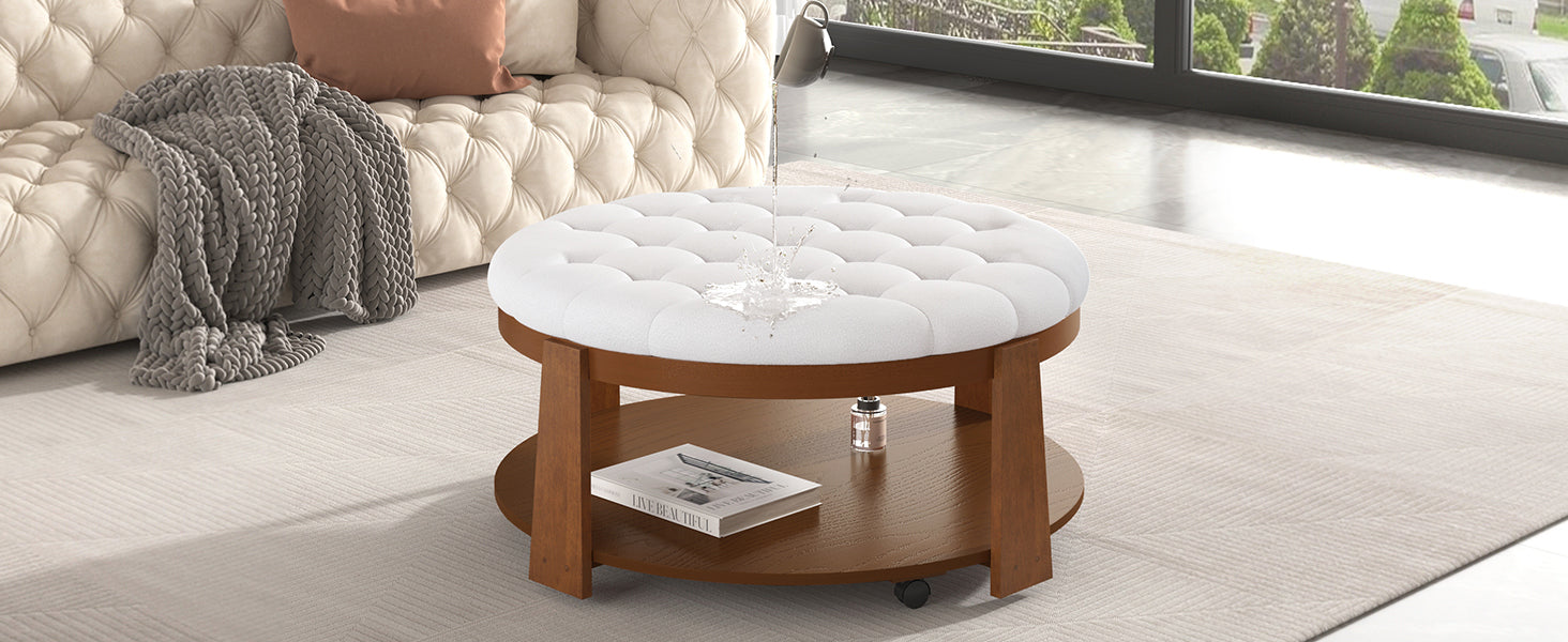 Modern Large Round Ottoman Coffee Table 2-Tier Oversized Button Tufted Ottoman with Wood Shelf Storage Upholstered Coffee Table for Living Room Footrest Ottoman with wheel, waterproof Linen