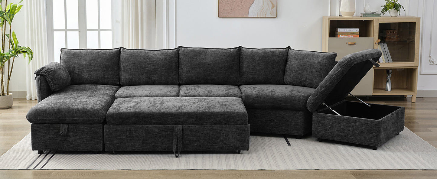 146.9" L-shaped Sofa Sectional Sofa Couch Pull-out Sofa Bed with a Movable Storage Ottoman, a Storage Chaise Lounge and Two USB Ports for Living Room, Grey