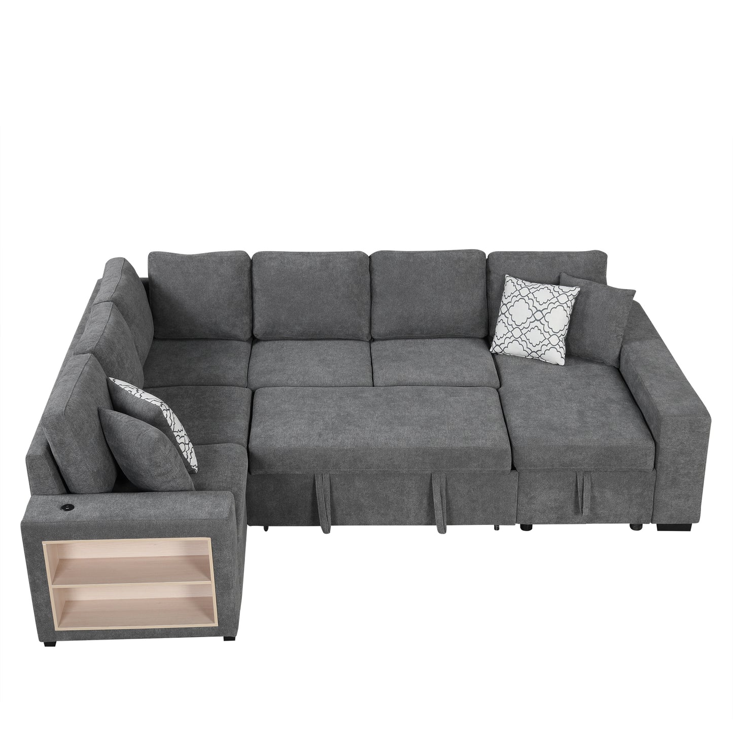 109" U-shaped Sectional Sofa Pull-out Sofa Bed with Two USB Ports, a Storage Chaise Lounge and Four Back Pillows for Living Room, Grey