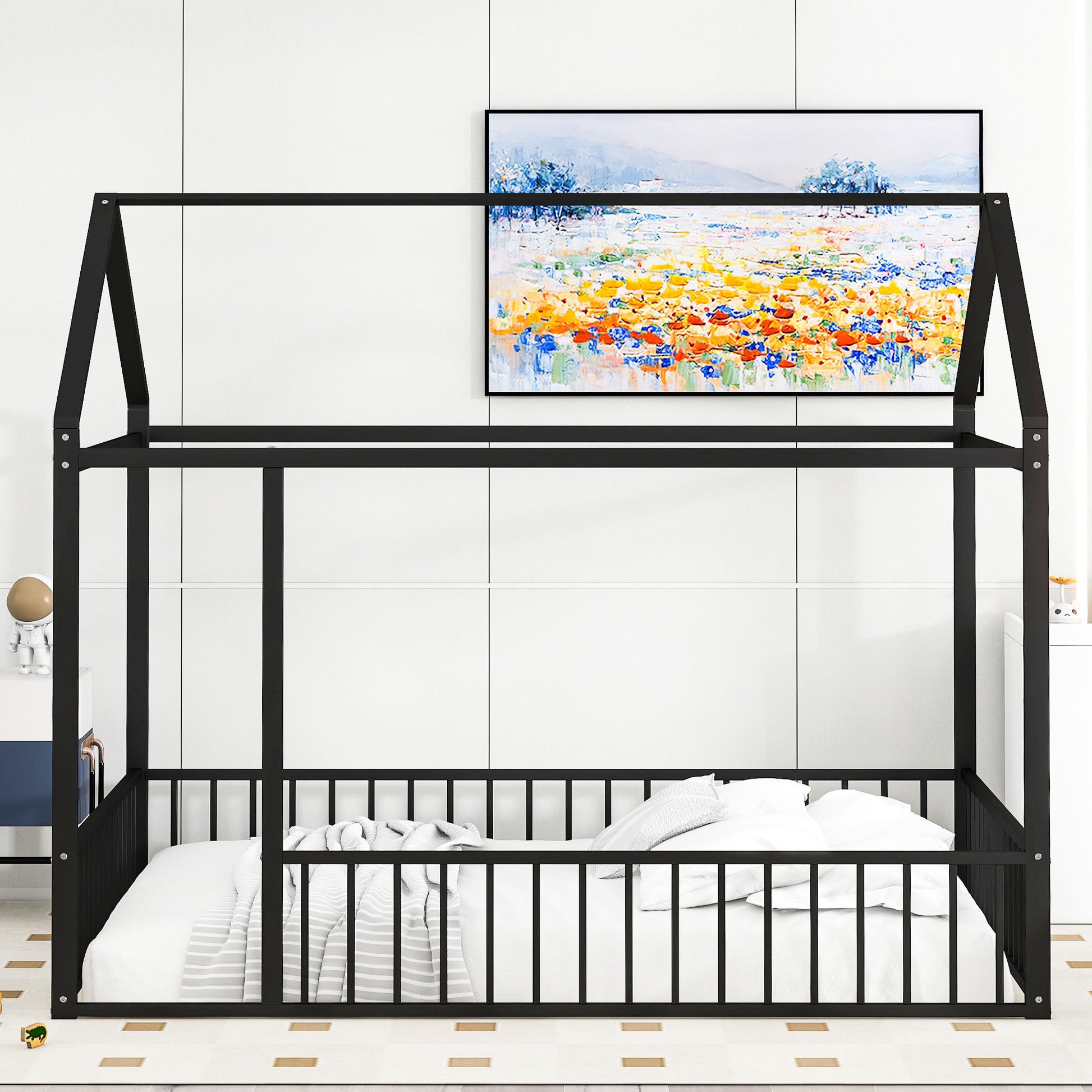 Full Size Metal Bed House Bed Frame with Fence, for Kids, Teens, Girls, Boys,Black