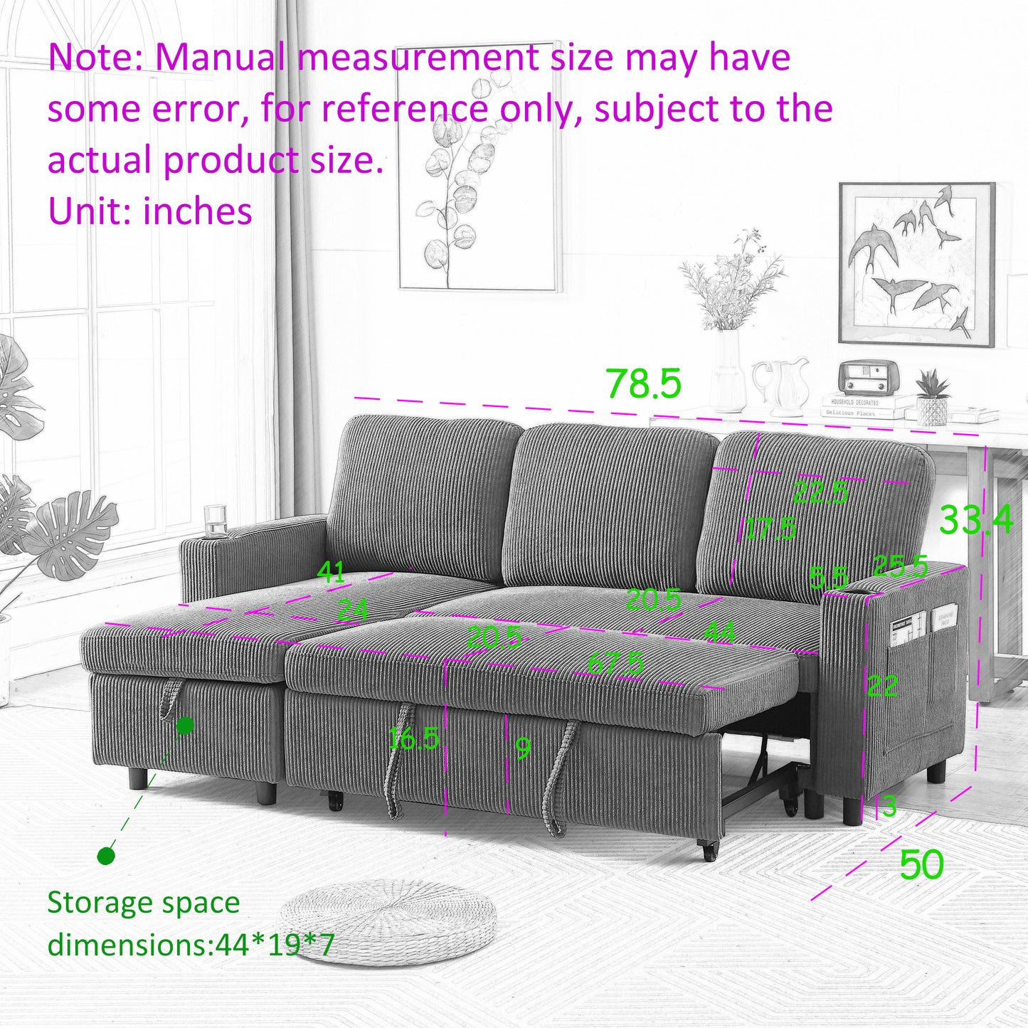 FX78.7" Comfortable Corduroy L-Shaped Combo Sofa Bed, Living Room Furniture Set for Tight Spaces, Reversible Sleeper Combo Sofa with Pullout Bed, Reversible Sofa Bed for Living Room, W1926S00010