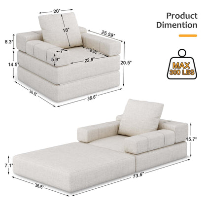 Single sofa chair that converts to a single sofa bed for living room, guest room, playroom, white