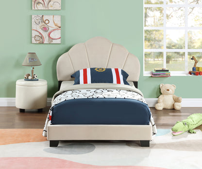 Upholstered Twin Size Platform Bed for Kids, with Slatted Bed Base, No Box Spring Needed, White color, Shell Design