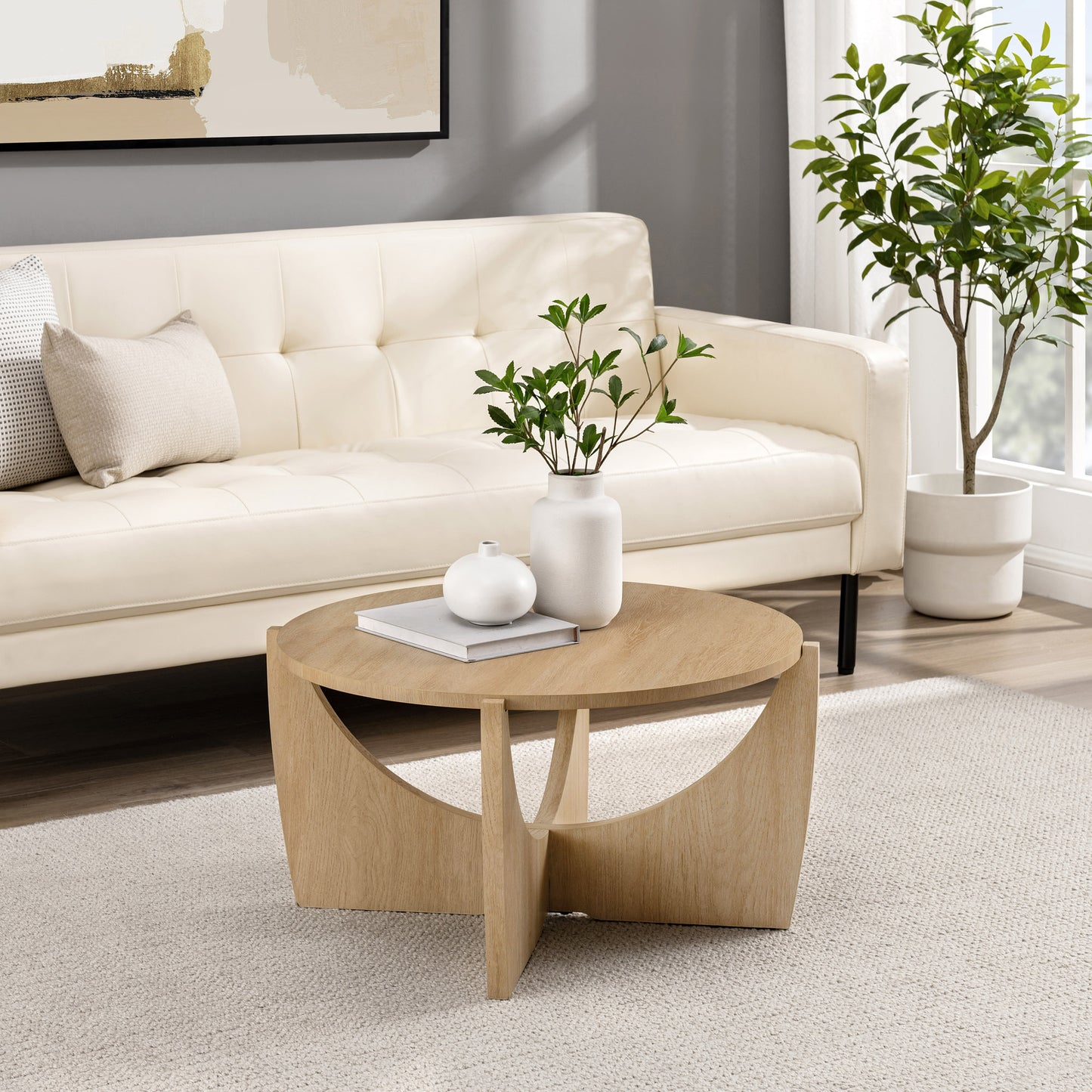 Contemporary Open Arch-Base Round Coffee Table – Coastal Oak