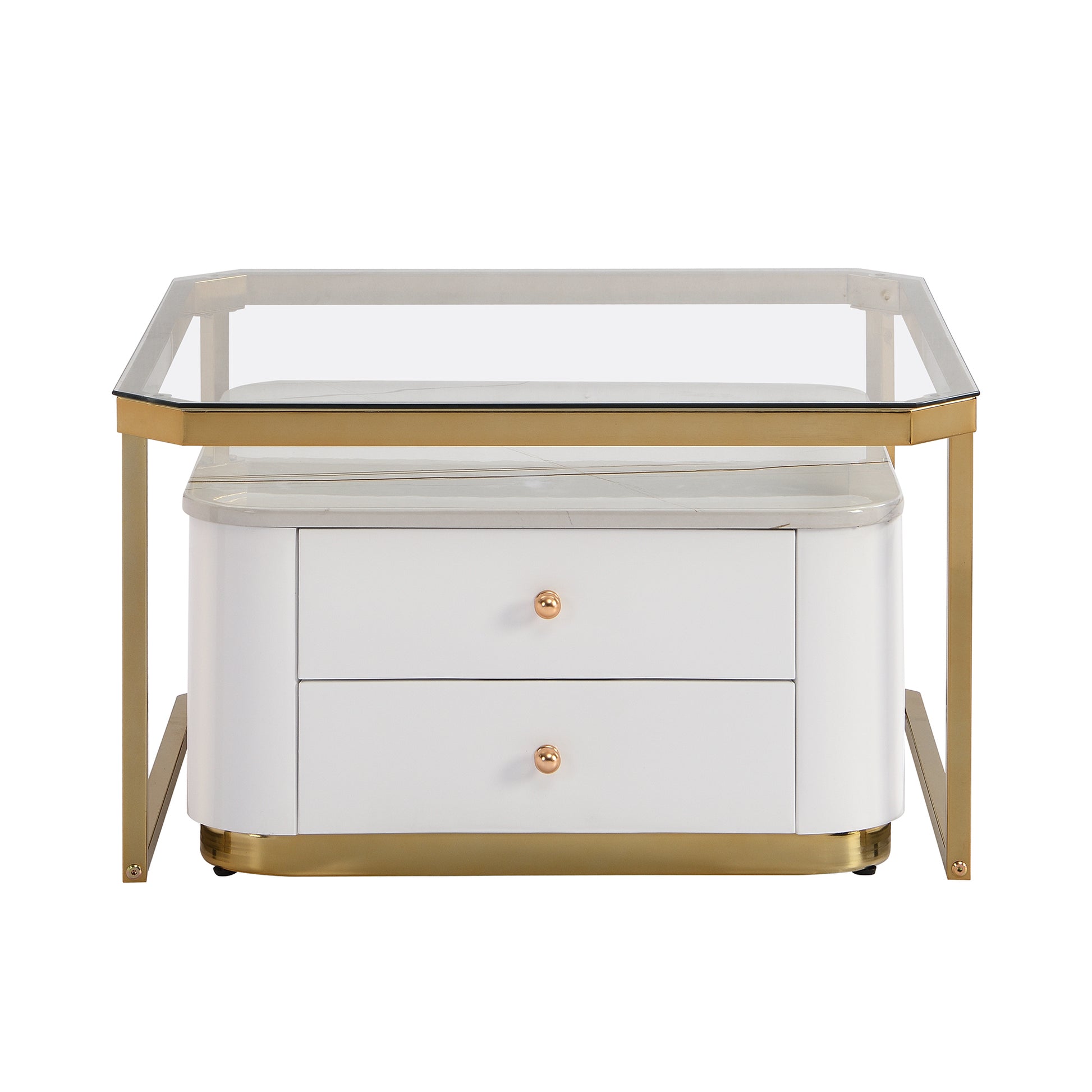 Modern 2 Pieces White  Square Nesting  Coffee Table with Drawers & Electroplated gold legs in 27.6''