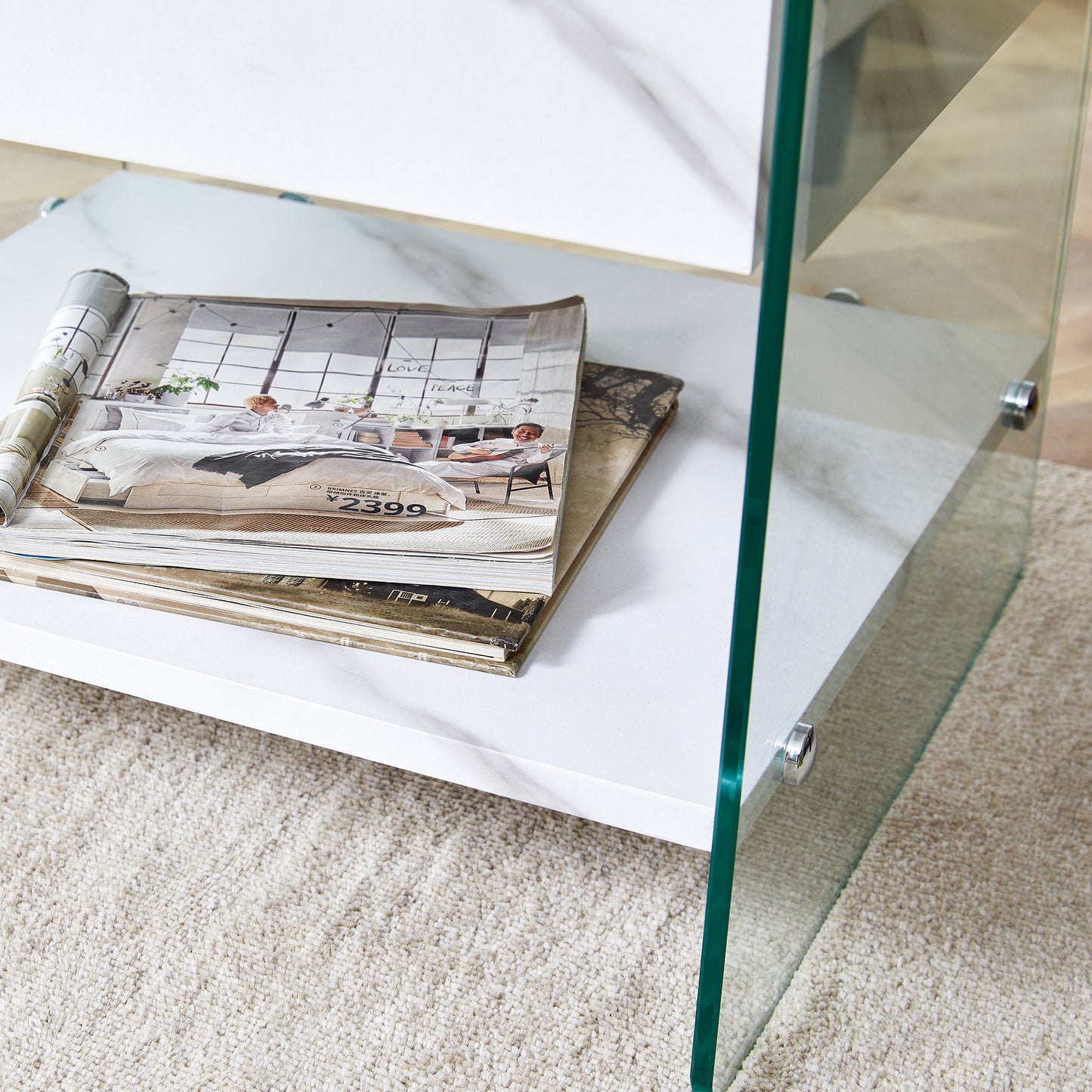 Bedside table with drawers. The board surface is MDF sticker, and both sides are transparent tempered glass. The design is simple and elegant, with excellent storage functions.