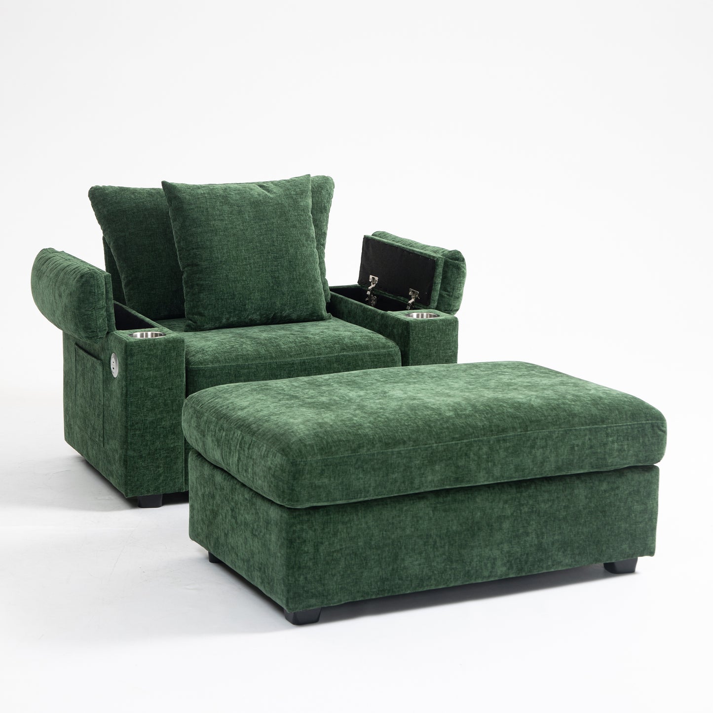 Modern Oversized Chair with Ottoman,Chenille Fabric Sofa Bed,Accent Chair Comfy Sofa with Cupholders and USB Charging Ports Chair for Living Room,Bedroom,Apartment