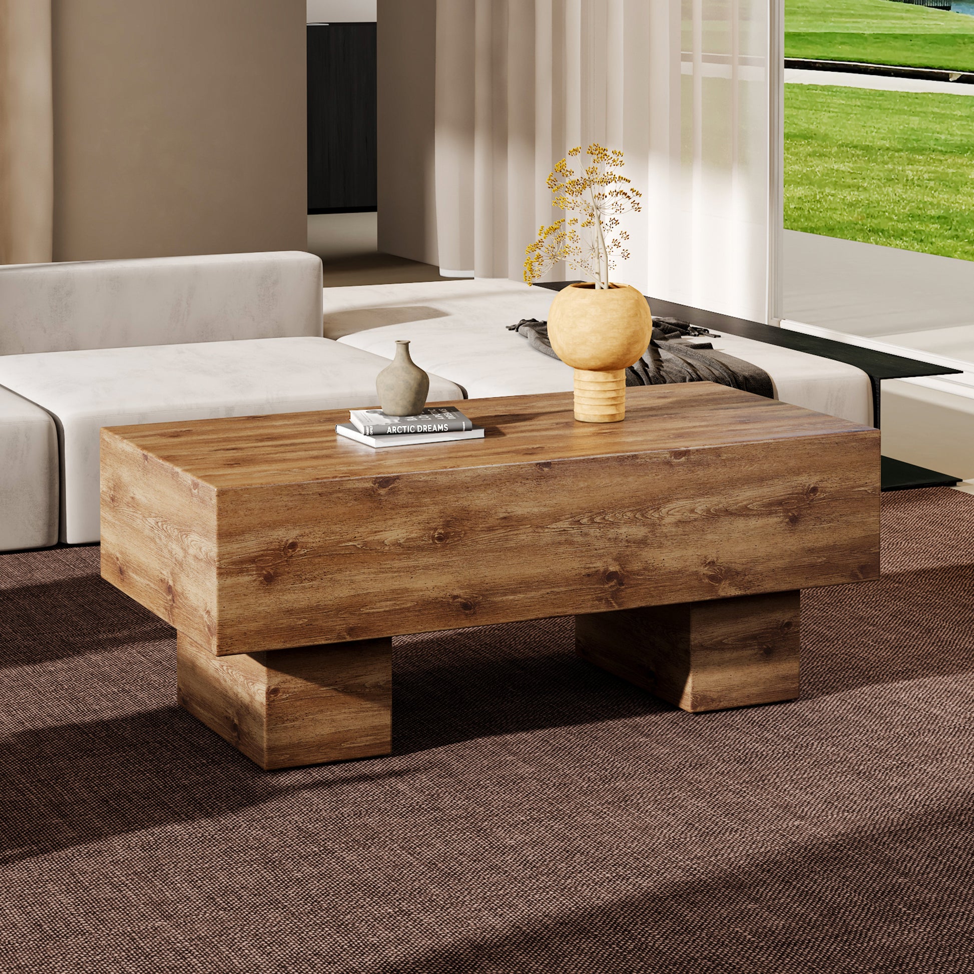 This modern rectangular coffee table features a stylish wood color, making it an ideal addition to any living room or apartment, and measures 43.3 "x 21.6" x 17.2 ".