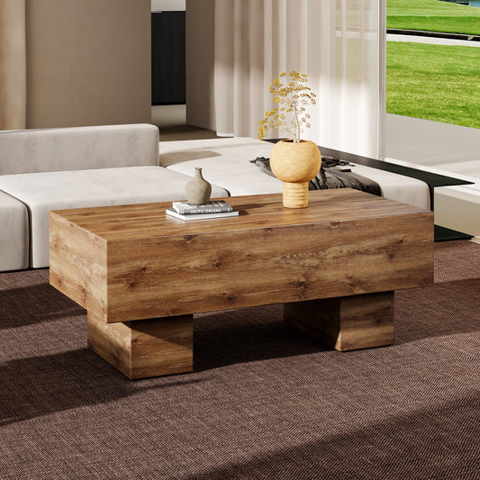 This modern rectangular coffee table features a stylish wood color, making it an ideal addition to any living room or apartment, and measures 43.3 "x 21.6" x 17.2 ".